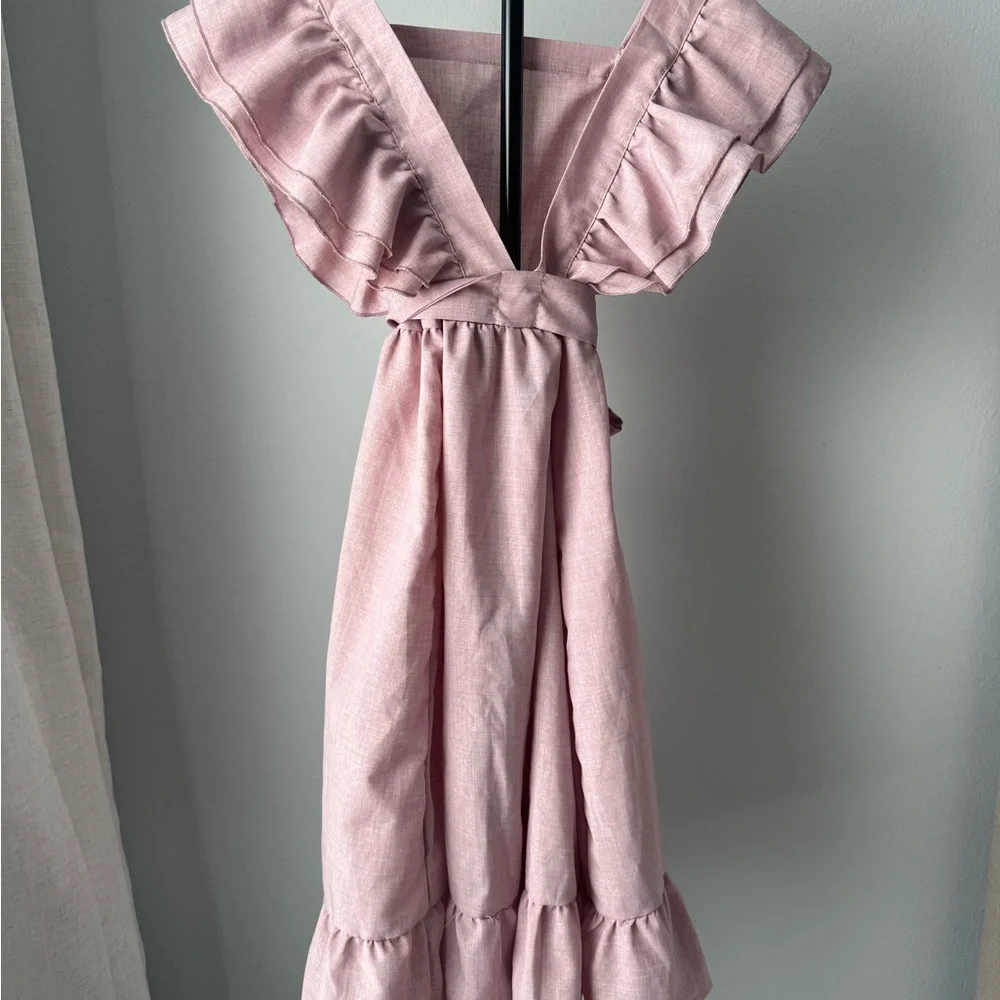 Pink Ruffled Kids Dress-Linen - Picture 6 of 6